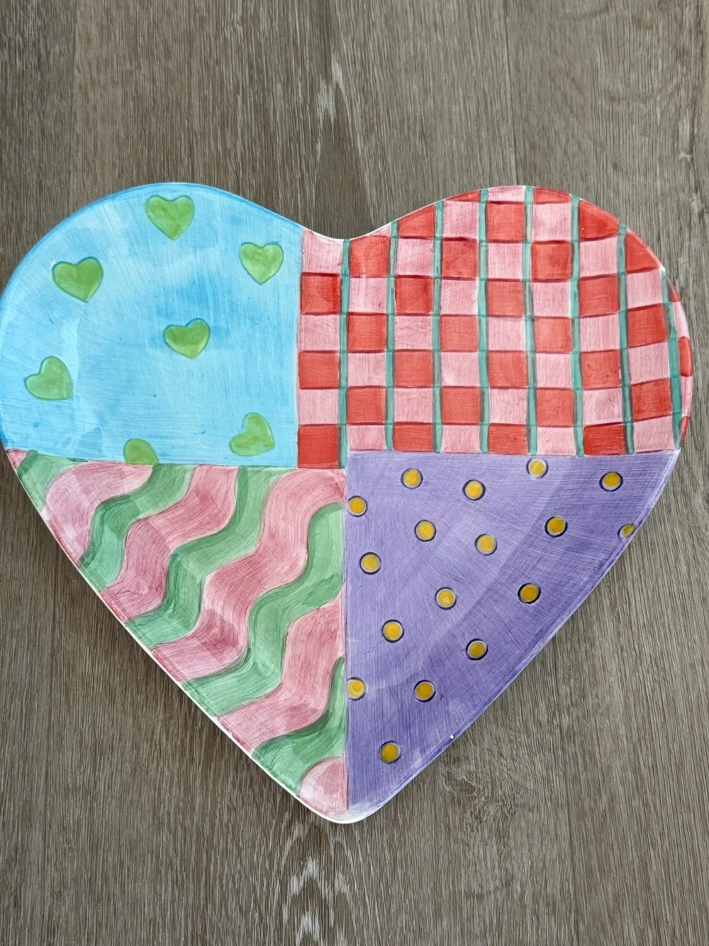Vintage 1998 Colorful Multi Pattern Heart Shaped Ceramic Serving Dish Lotus